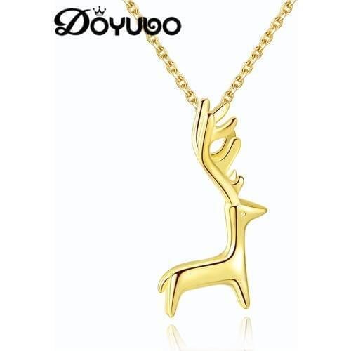 DOYUBO Lovely Womens Sterling Silver Dear Necklaces Elegant Gold Color Animal Chamrs Necklace For Lady Fine Jewelry VA272