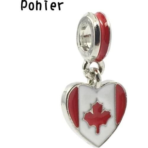 Canada Flag White&Red Enamel Heart Pendant European Beads Fit Charms Bracelets&Bangle DIY Jewelry