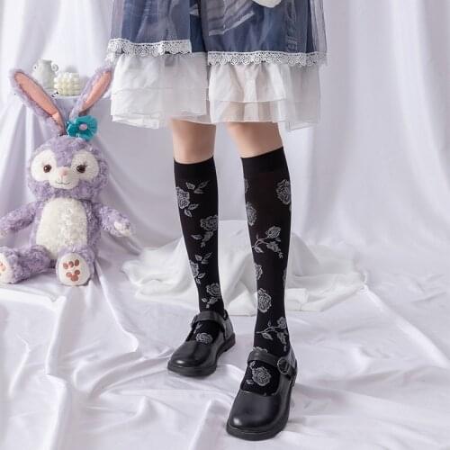 Hot New Retro Rose Socks Lolita Cosplay Knee-High Leg Socks Stocking JK Flowers Dark Black Silk Stockings