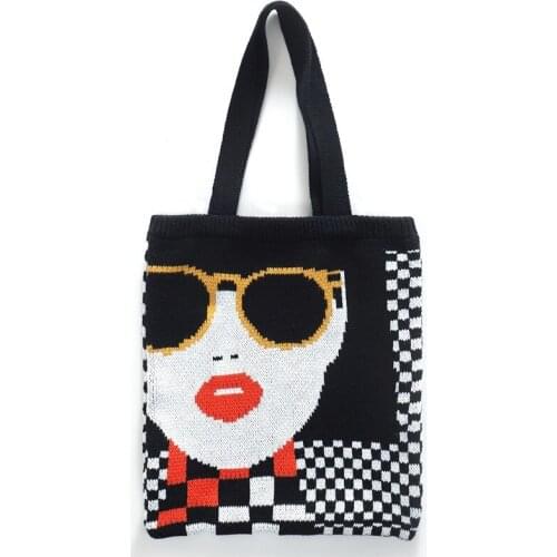 Casual Checkerboard Plaid Knitting Tote Bag Cartoon Women Shoulder Bags Girl Crochet Wool Lady Handbags Large Shopper Purse 2021