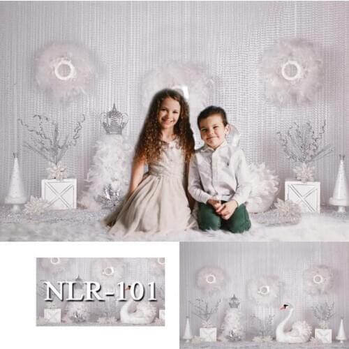 Merry Christmas Snow Tree Gift Star Pillow Swan Rural House Baby Child Portrait White Photo Backgrounds Photography Backdrop
