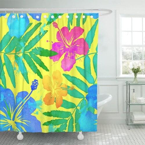 Blue Pattern Vivid Colors Bright Tropical Flowers Colorful Hawaiian Waterproof Polyester Fabric Shower Curtain 60 x 72 inches