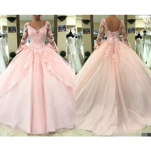 2019 Light Pink Quinceanera Dresses Long Sleeves Ball Gown Princess Sweet 16 Birthday Sweet Girls Prom Special Occasion Gown