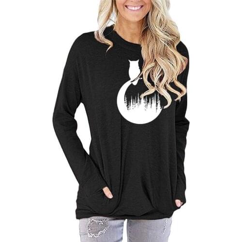 Spring Women Pullover Fashion Long Sleeve Pocket Owl Forest Print Female Casual Graphic Daily Loose Clothes O-Neck Hoodless Tops
