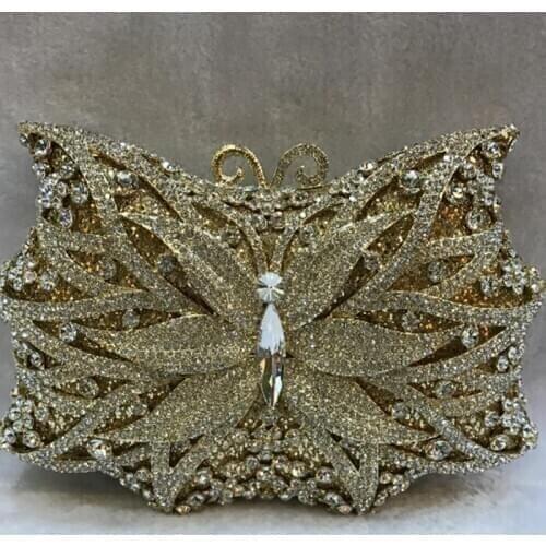 Butterfly shape Crystal Clutch Evening Bags Handbags Women Bag Party Dinner Gold Metal Clutches Hollow Out Wedding Bridal Purses