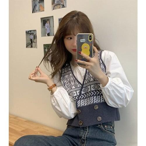 Women Sweater Vest Autumn Jacquard Double Breasted V-neck Knitted Vest Female Fashion Suit