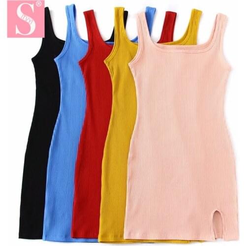 STVY 2020 New Summer Tight Mini Dress For Women Sexy Bodycon Sundress Split Sleeveless Dress 5 Colors