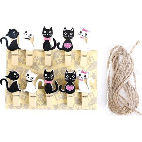 10pcs Japanese Cat Wooden Clips With Hemp Rope Mini Nice Food Clip Kawaii Wood Paper Clip For Bag Students' DIY Tools