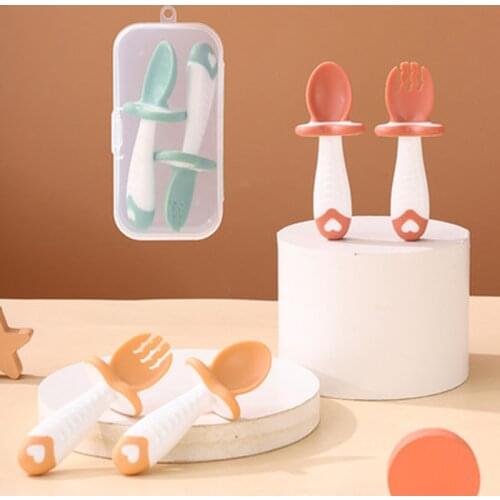 2pc/set Baby Dishes Stainless Steel Baby Spoon Fork Portable Box Set Cartoon Baby Feeding Food Training Tableware Children Spoon