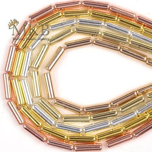 4x13mm Natural Stone Smooth Light Gold Silver Plated Tube Hematite Spacer Beads For Jewelry Making Diy Necklace Accessories 15"