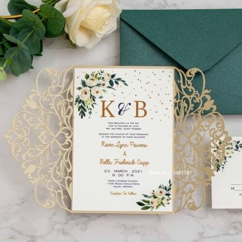 50Pieces/Lot) Beige Pocket Fold Wedding Invitation With Personalized Printing And Green Matt Envelope