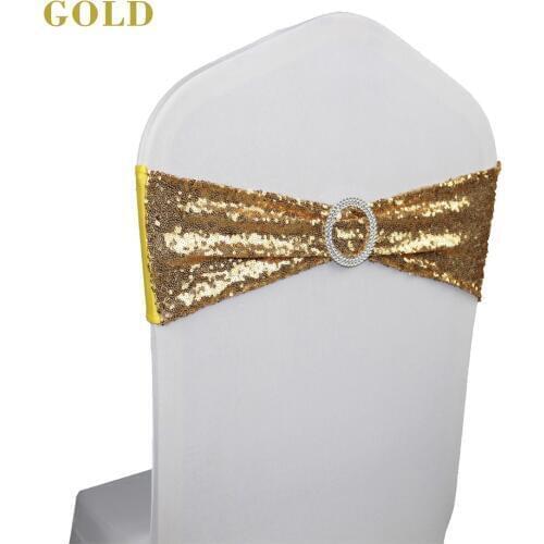 50pcs/lot Wedding Party Decoration Embroidered Gold/Silver Dense Sequin Chair Sash Band Elastic Hotel Banquet Chair Back Decor