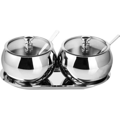 AF89 Sugar Bowl With Lid and Spoon, 2 Stainless Steel Salt Bowl Spice Jars Set Condiment Pots,Silver