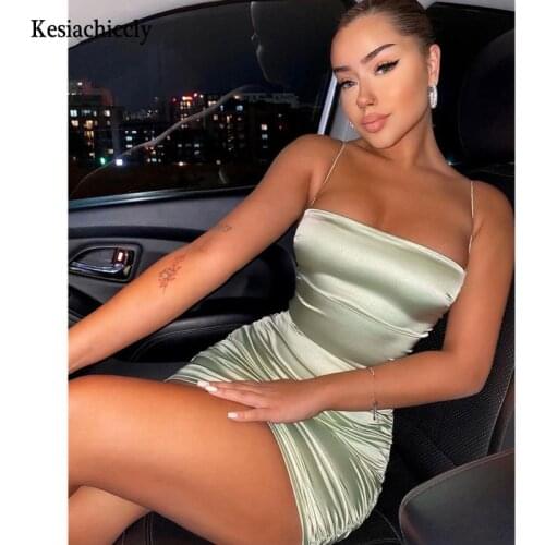 Kesiachiccly Satin Spaghetti Strap Ruched Dress For Women Sleeveless Mini Dress Ladies Sexy Hollow Out Backless Beach Wear