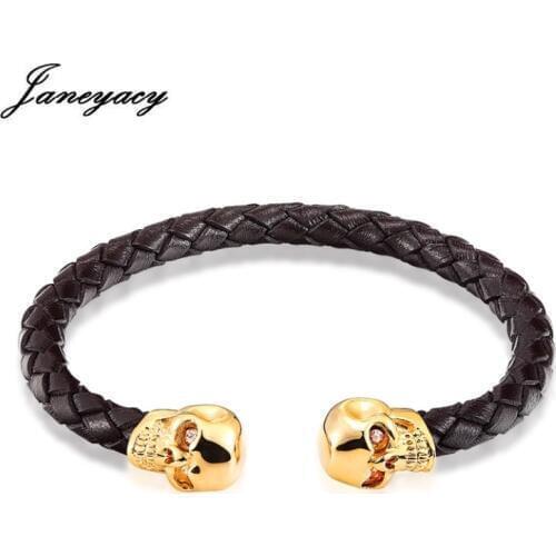 Janeyacy FASHION Wrap Bracelet Men Rope Chain Simple Skull Design Classic Jewelry WristbandGenuine Leather Bracelet 3 Colour