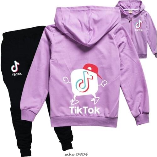 Childrens clothing cartoon Tik Tok long-sleeved hooded zipper cardigan girls leisure sports home spring and autumn suit