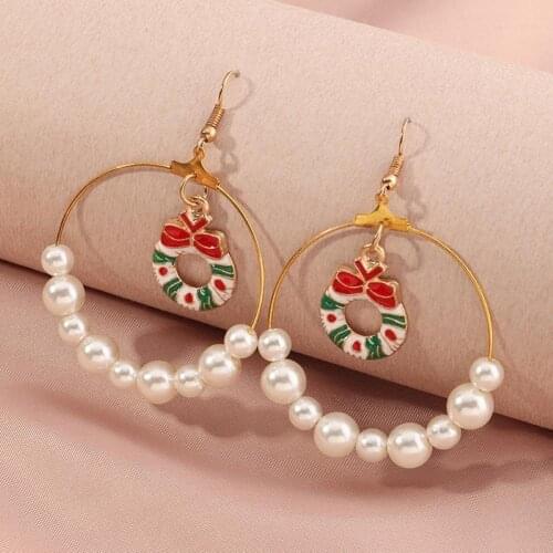 Women Christmas Tree Elk Eardrop Faux Pearl Geometric Hoop Earrings Xmas Gift