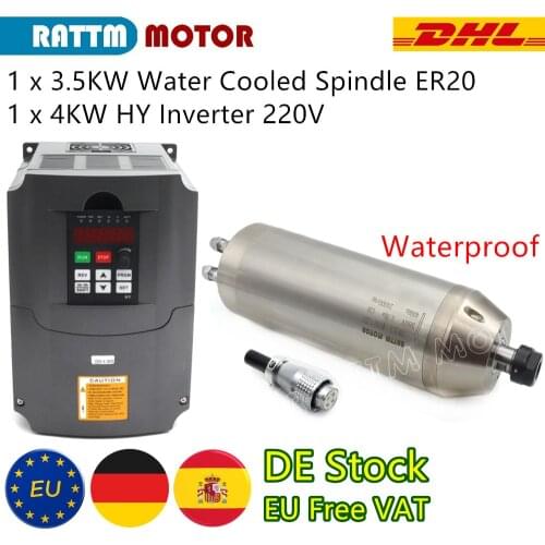 【EU Free VAT】3.5KW 220V Waterproof Water Cooled Spindle Motor ER20 24000RPM 4Pcs Bearings + 4KW HY Inverter CNC Metal Engraving