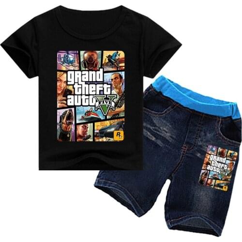 Boys Summer Sportswear Grand Theft Auto Game Gta 5 Street Girls T Shirt Denim Shorts 2pcs Sets Kids Grand Theft Auto GTA 5 Cloth