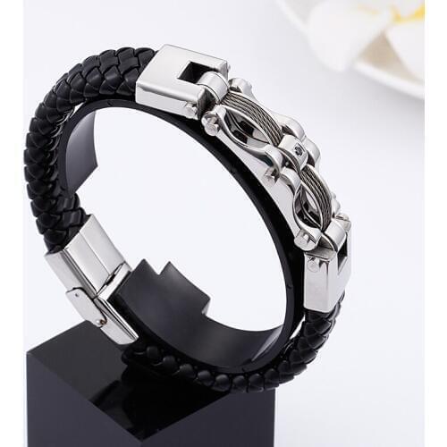 GNAYY new promotion Stainless Steel Bracelet With Crystals Genuine Leather Bangle large 15mm 8.66'' 47g weight gifts