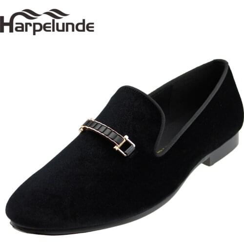 Harpelunde Men Dress Wedding Shoes Buckle Black Velvet Loafer Slippers