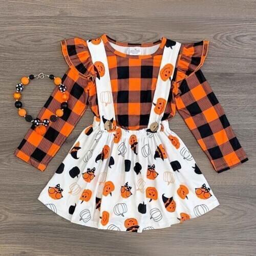 Halloween Party Costume for Toddler Baby Girls Clothes Girls Long-sleeved Plaid Top + Pumpkin Strap Skirt Children Clothing Set