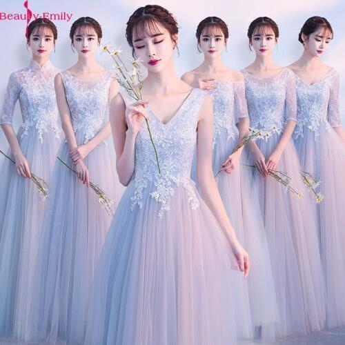 Beauty Emily Charming High Neck Illusion Bridesmaid Dresses 2019 Fashion Three Quarter Tulle Wedding Party Dress with Appliques