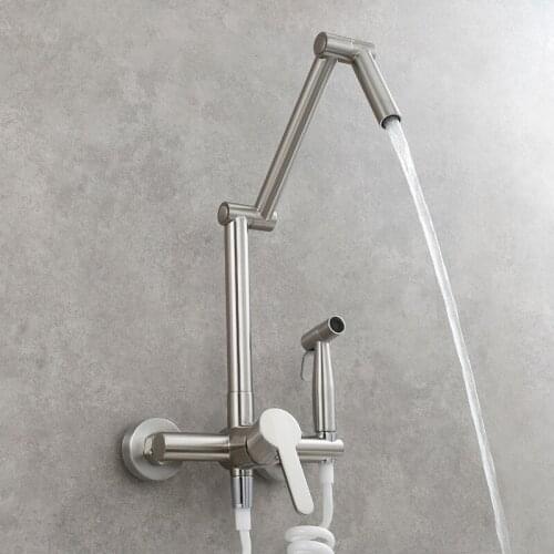 Kitchen Faucet Pot Filler Tap Wall Mounted Hot & Cold Black Tap Rotation Folding Spout Faucets With Spray Gun Chrome Nickel