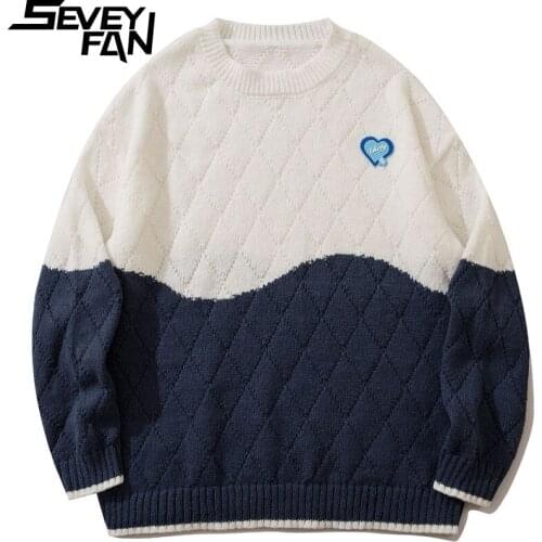 SEVEYFAN Mens Color Contrast Diamond Sweater Harajuku Loose O Neck Cotton Knitwear Autumn Pullover Sweaters for Couples