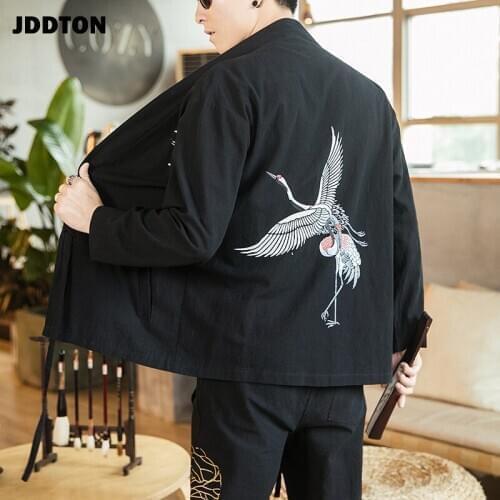 JDDTON Summer Men Open Cardigan Stitch Print Embroidery Vintage Jackets Clothing Casual Male Streetwear Sleeve Loose Coats JE160