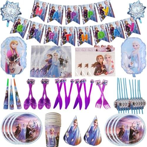 Frozen Party Blue Cartoon Characters Theme Disposable Tableware Set Paper Cups Plates Baby Shower For Party Decoration Supplies