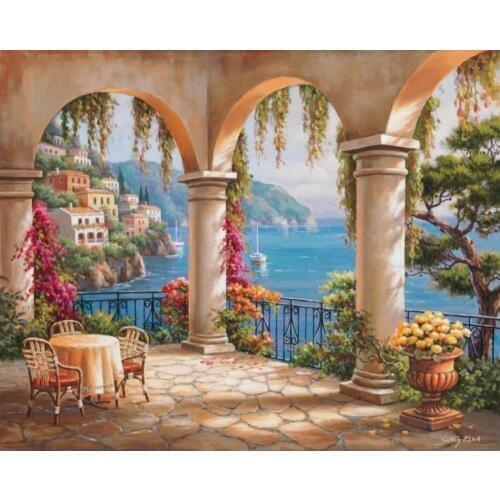 Wall art canvas Coastline Mediterranean Oil Painting Terrace Arch modern Landscapes pictures for room decor handmade artwork