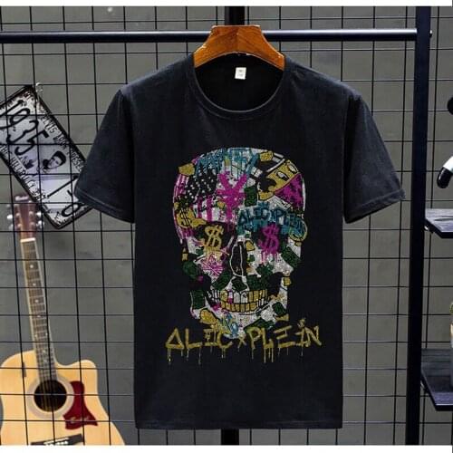 New Skull Hot Drilling T-Shirt Mens Black White Cotton Short Tshirt High Quality Rhinestone Tops Tees Shirt Male Shining lights