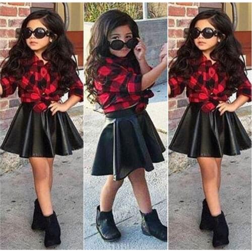 New Elegant Girls Princess Clothes Sets Brief Formal Plaid Shirt Tops Leather Skirt Summer Outfits Clothes