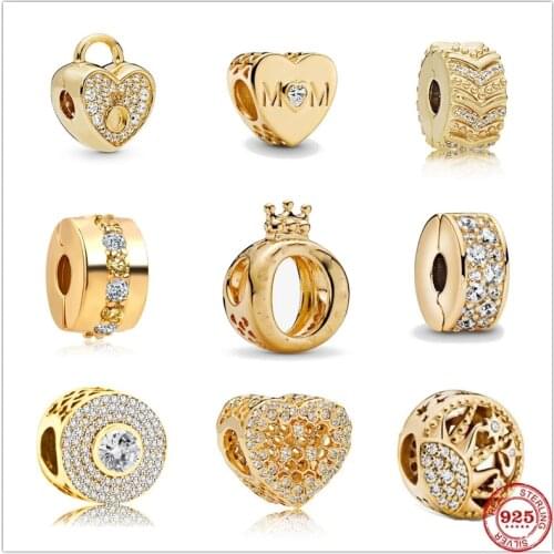 NEW Gold Sparkling Pattern Celestial Star 925 Sterling Silver Beads Charm Fit Original Pandora Bracelet DIY Jewelry For Women