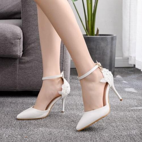 Crystal Sexy Large size womens shoes white lace high heels banquet wedding shoes bridal shoes pointed sweet wild single shoes