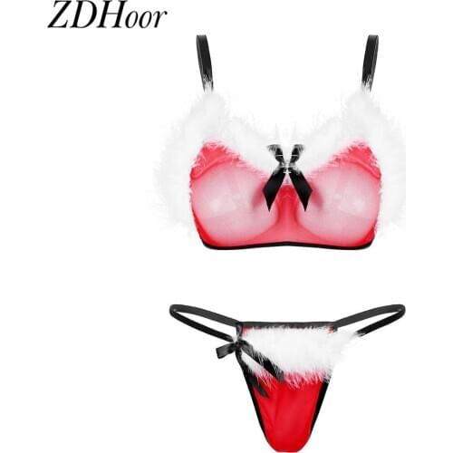 Christmas Sheer Lace Lingerie Set Womens Sexy Feather Bra Tops G-string Briefs Underwear Sleepwear Erotic Cosplay Costume Hot