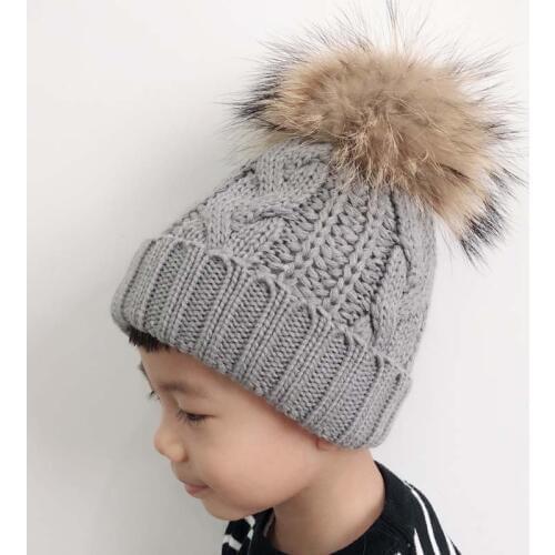 2018 Children Warm Velvet Fleece Inside Beanies Winter Hats For Kids Real Raccoon Fur Pompom Hat Boys Girls Cap Skullies
