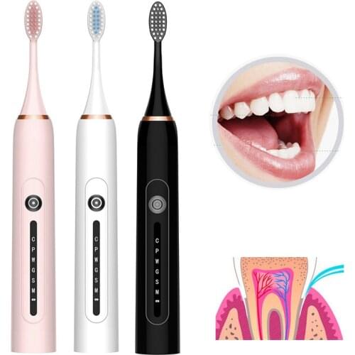 New USB Rechargeable Six-speed Electric Toothbrush Intelligent Sonic Vibration 6 Modes Waterproof 4 Replacement Soft Brush Heads