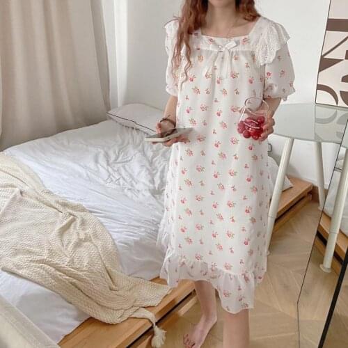 Sweet Pink Floral Summer Nightgown Women Ins Korean Long Sleepwear Lace Patchwork Bow Long Homewear Short Sleeve Kawaii