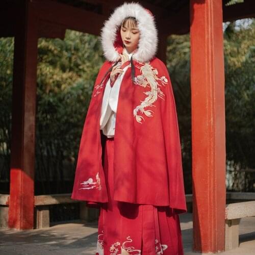 "Yu Jing Feng Luan" Original Design Womens Chinese Style Cape Winter Hanfu Elegant Long Short Cloak Embroidery Hooded Coat