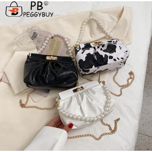 Ladies Pearl Chain Shoulder Bag Fashion Women PU Leather Alligator Cow Pattern Pleated Crossbody Shoulder Messenger Bag