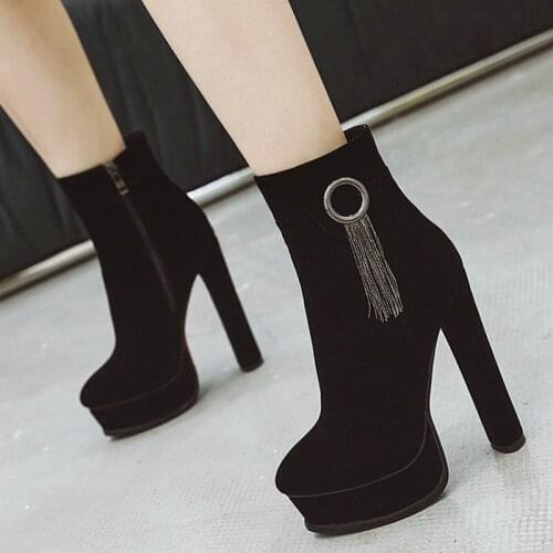 2021 Autumn Winter Women Ankle Boots Faux Suede Platform Square High Heel Ladies Short Boots Pointed Toe Womans Boots Black