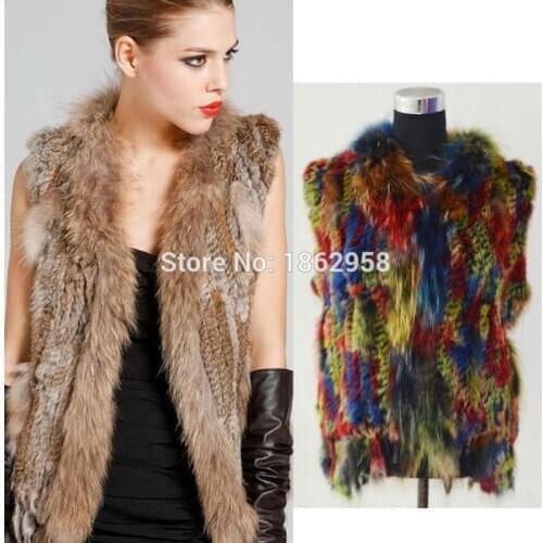 Ladies Genuine Knitted Rabbit Fur Vest Raccoon Fur Trimming Tassels Women Fur Natural Waistcoat Lady Gilet colete pele