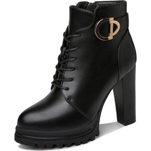 Lace-Up Thick-Heeled High Heels With Belt Buckle Winter Shoes British Style Waterproof Platform Cross-Laced Womens Boots