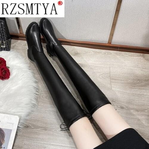 Winter Women Keep Warm Solid Thigh High Boots Womens Shoes Simple Style Popular Cow Leathe Stretch Boots Round Toe High Heels