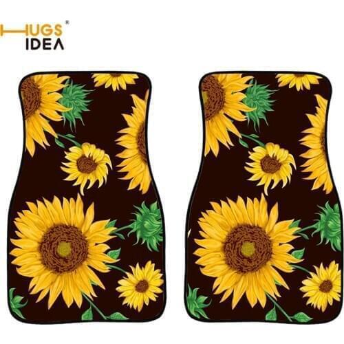 2Pcs Car Floor Mat Sunflower Print Auto Interior Decor Carpets Yellow Floral SUV Front Floor Rugs Flower Collage Antomotive Mats