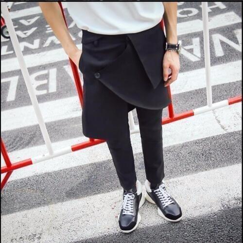 27-44 Mens New Slim Casual Pants Harem Pants Patchwork Faux Two Piece Culottes Hairstylist Nightclub Tide Pants Skirt Costumes
