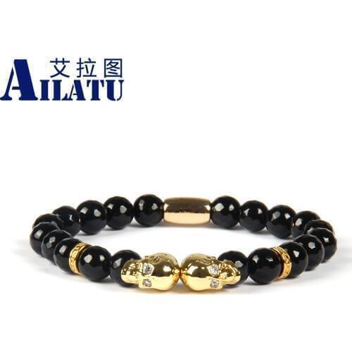 Ailatu Fashion Mens Jewelry 8mm Faceted Black Onyx Stone Double Skull Bead Bracelet Provide Paid Laser Print Logo Service