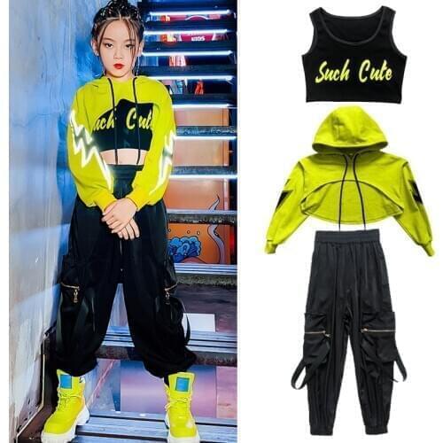 Kids Girls Hip Hop Costume Fluorescent Green Crop Tops Casual Black Pants Girls Jazz Modern Dancing Clothes Show Wear BL5297